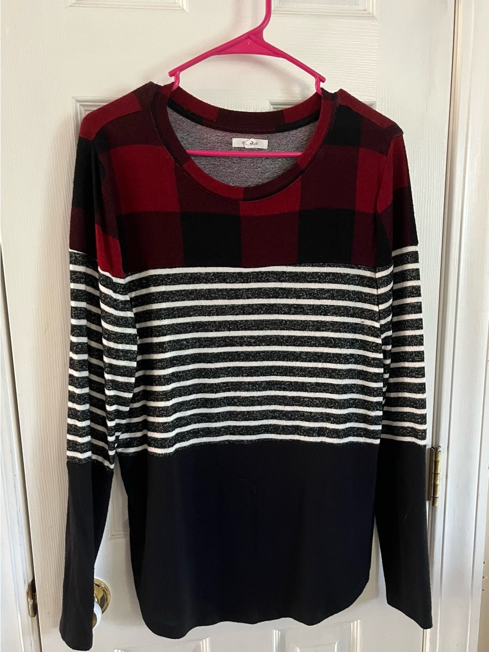 Maurices Red Plaid & Black Striped Crewneck Sweater